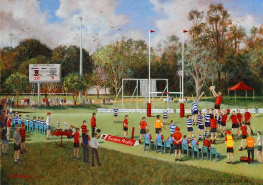Sports painting of a school Rugby match