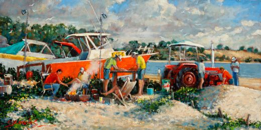 Tractor and boats on the beach at Waddy Point, Fraser Island