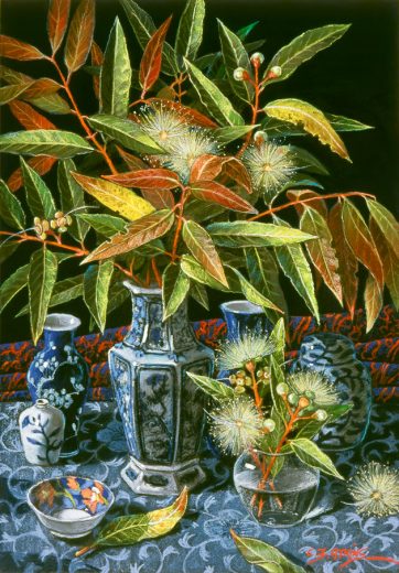 Still life pastel painting of flowers and leaves of the Rose Apple tree.