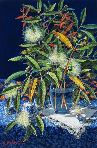 Painting of leaves, flowers and fruit buds.