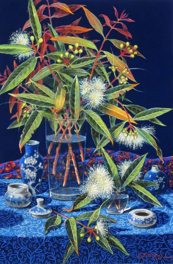This pastel painting is of flowers and fruit from the Rose Apple.