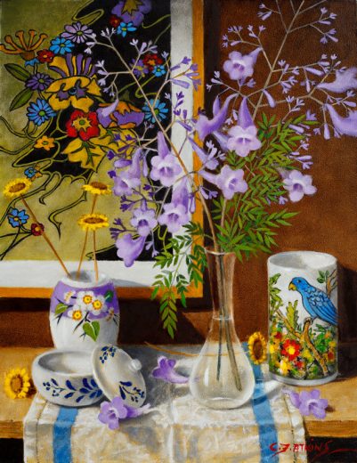 Here the hand painted vase has been imagined in a different colour to suit the jacaranda.