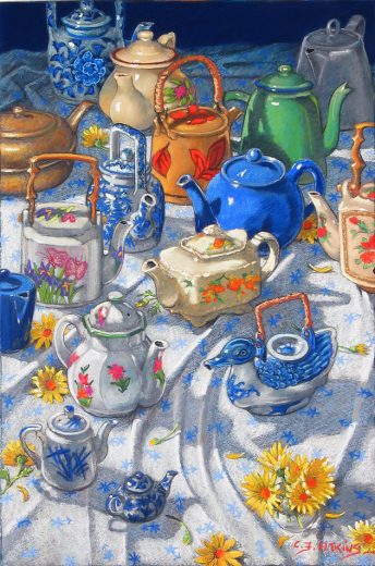 A collection of teapots, including some in blue and white.