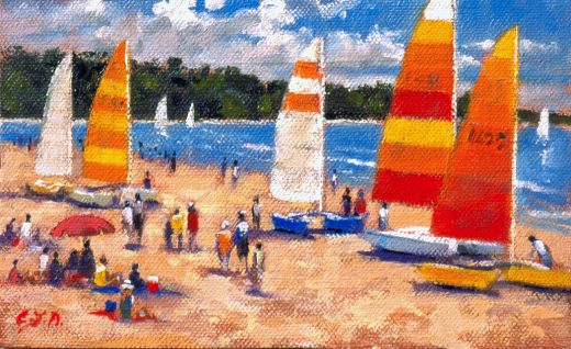 Several catamarans with colourful sails are pulled up on the sand.