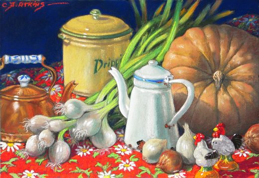 The still life painting includes a pumpkin, onions and other kitchen items.