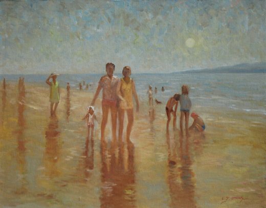 A family walks along a beach. Children are playing nearby on the sand.
