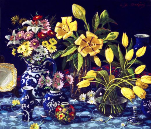 This painting has several lots of flowers in vases on a blue cloth.