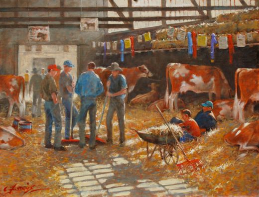 Farmers talk while cleaning up the cattle shed..