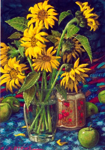 Sunflowers in a glass vase.