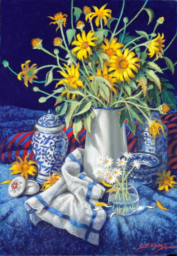 Flowers in an enamel jug.