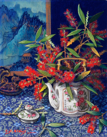 A teapot of bottlebrush flowers is in front of an oriental scene.