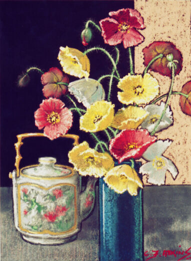 Poppy flowers are in a blue vase. A decorated teapot is nearby.