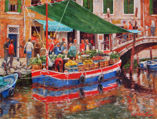 Fruit sellers work from a barge tied up in a Venice Canal.