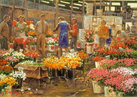Workers tend multiple buckets of colourful blooms.