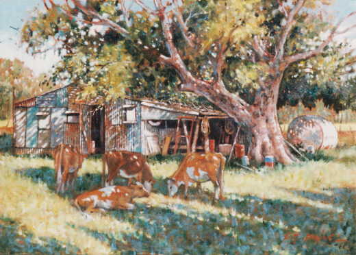 An old tree leans over an old shed. Cows rest in the tree's shade.