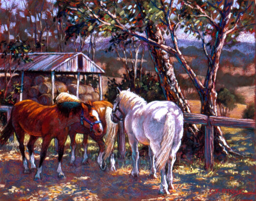 Horses rest in the shade of a tree.