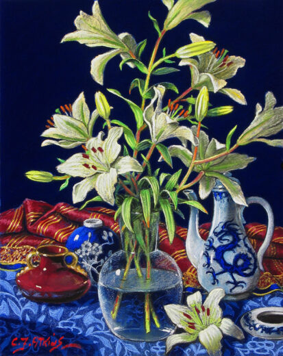 A vase of white lilies stands on a table accompanied by a coffee pot showing a dragon. 