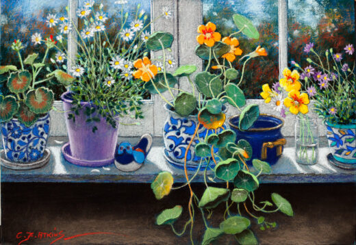 Pot plants and cut flowers in a vase stand on a windowsill.