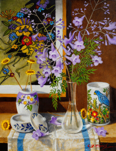 A small vase in this painting shows a design inspired by the Mak'Merry potters.