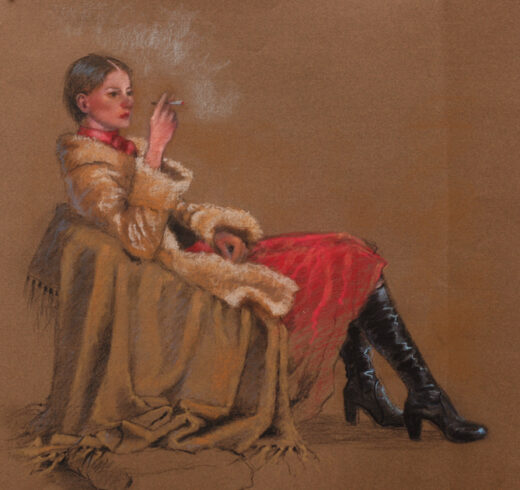 A lady in a fur coat is smoking a cigarette.