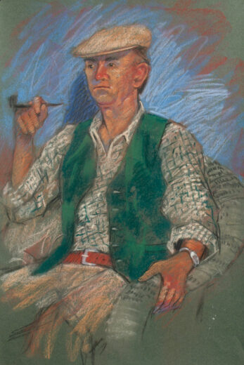 The sitter is dressed with waistcoat and cap and is smoking a pipe.