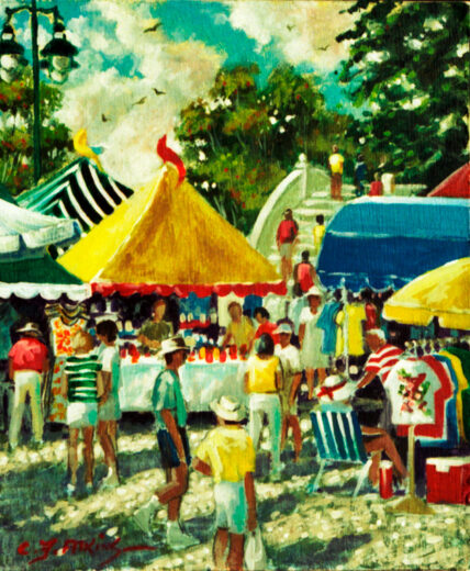 Colourful tents attract many people looking at the displays.