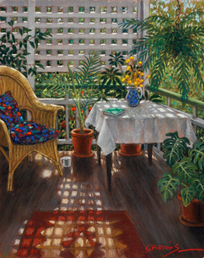 A blue bowl holds a bunch of yellow flowers. Sunlight makes patterns on the table and floor.