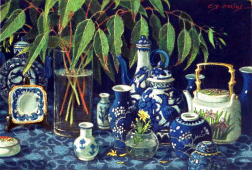 Still life painting of gum leaves with ceramic teapots and coffee pots