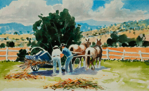 This watercolour shows men and horses at a heritage farm day event. The men are working a machine pulled by a couple of horses.