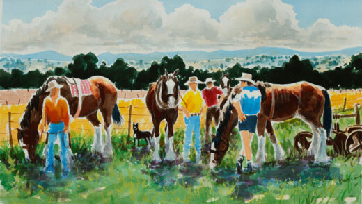 This watercolour is of a group of men and their horses waiting for the heritage farm day event to get started. The men gossip while they wait.
