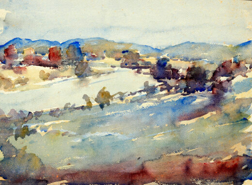 This watercolour shows blue hills and a landscape of trees and shadows.