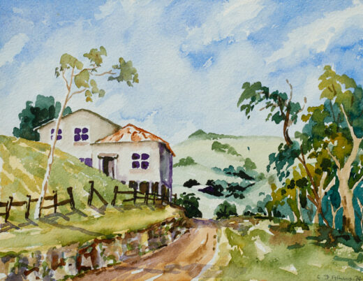 This watercolour shows a road, cut into the hillside and going past a house.