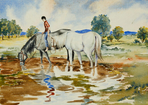 This watercolour is of a boy riding bareback on a horse. The horse is currently drinking water.