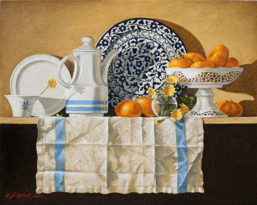 A bowl of mandarins rests on a shelf in front of a decorated plate. A china coffee pot stands beside the plate.