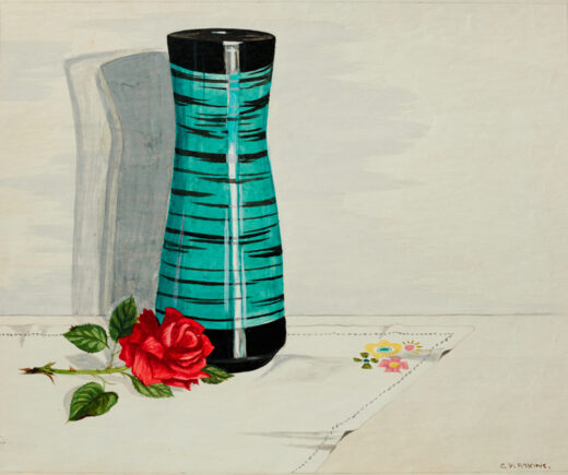 A tall decorated vase stands on an embroidered cloth. A short-stemmed rose, too small for the vase, lies on the cloth.