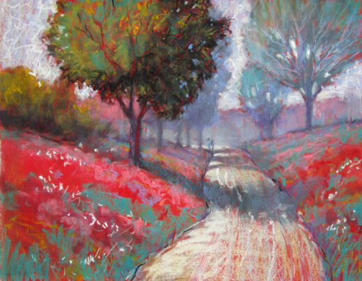 This painting is of road rendered on a vivid red background. 