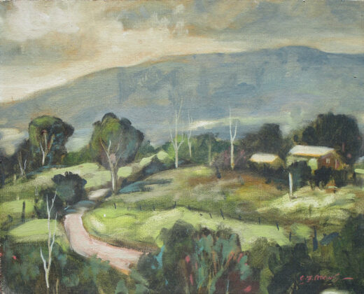 In this painting a road goes round a corner and leads towards a steep mountain range.