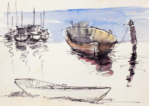 Pen and ink studies of rowboats near the shore. A collection of larger boats can be seen in the background. 