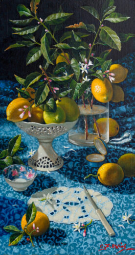 Lemons are depicted in a container and with fruit and leaves in a glass vase.