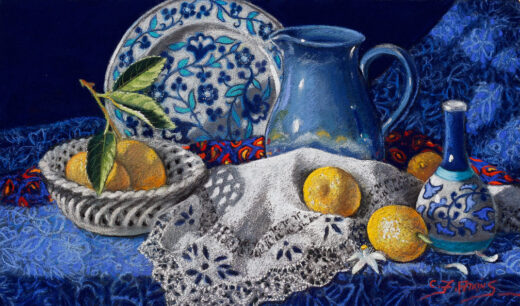 In this still life painting a decorated plate and a blue jug are behind some lemons.