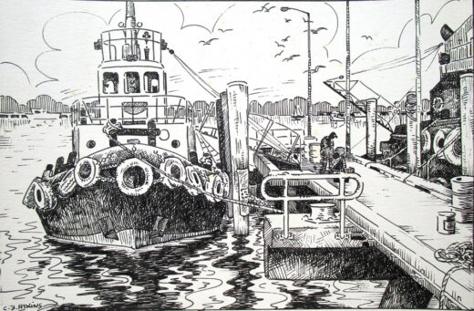 A tugboat is moored at Fisherman Island, Port of Brisbane, in this pen & ink study.