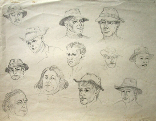 Pencil doodle of 12 men's faces. I'm unsure of the origin or purpose of the drawing.