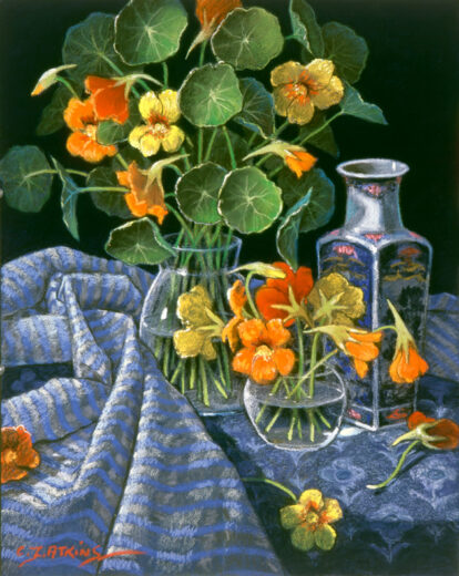 Happy nasturtium flowers in two glass pots brighten up this painting.