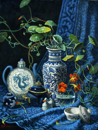 Long nasturtium tendrils spill out of a blue and white jug, clutching at the air. In contrast, a glass bowl of happy flowers rests snug in the middle of the painting.