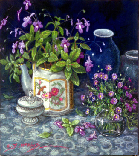 This still life painting shows purple nodding violets which grow in my own garden, plus a purple daisy that grew in my garden as a ground-cover plant. 