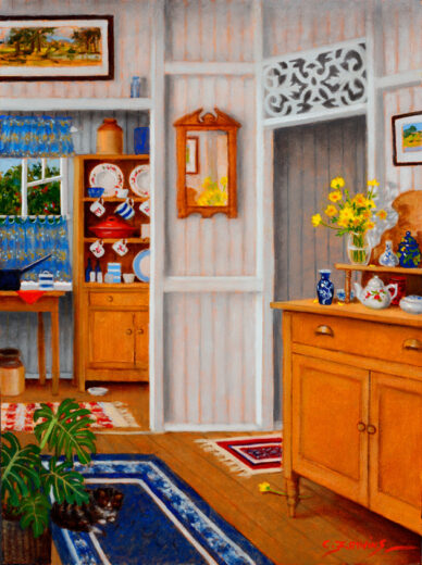 The painting shows the interior of a farmhouse with all its associated clutter.