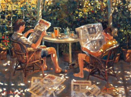 Dappled light shines through the leaves on these readers as they enjoy a comfortable morning.